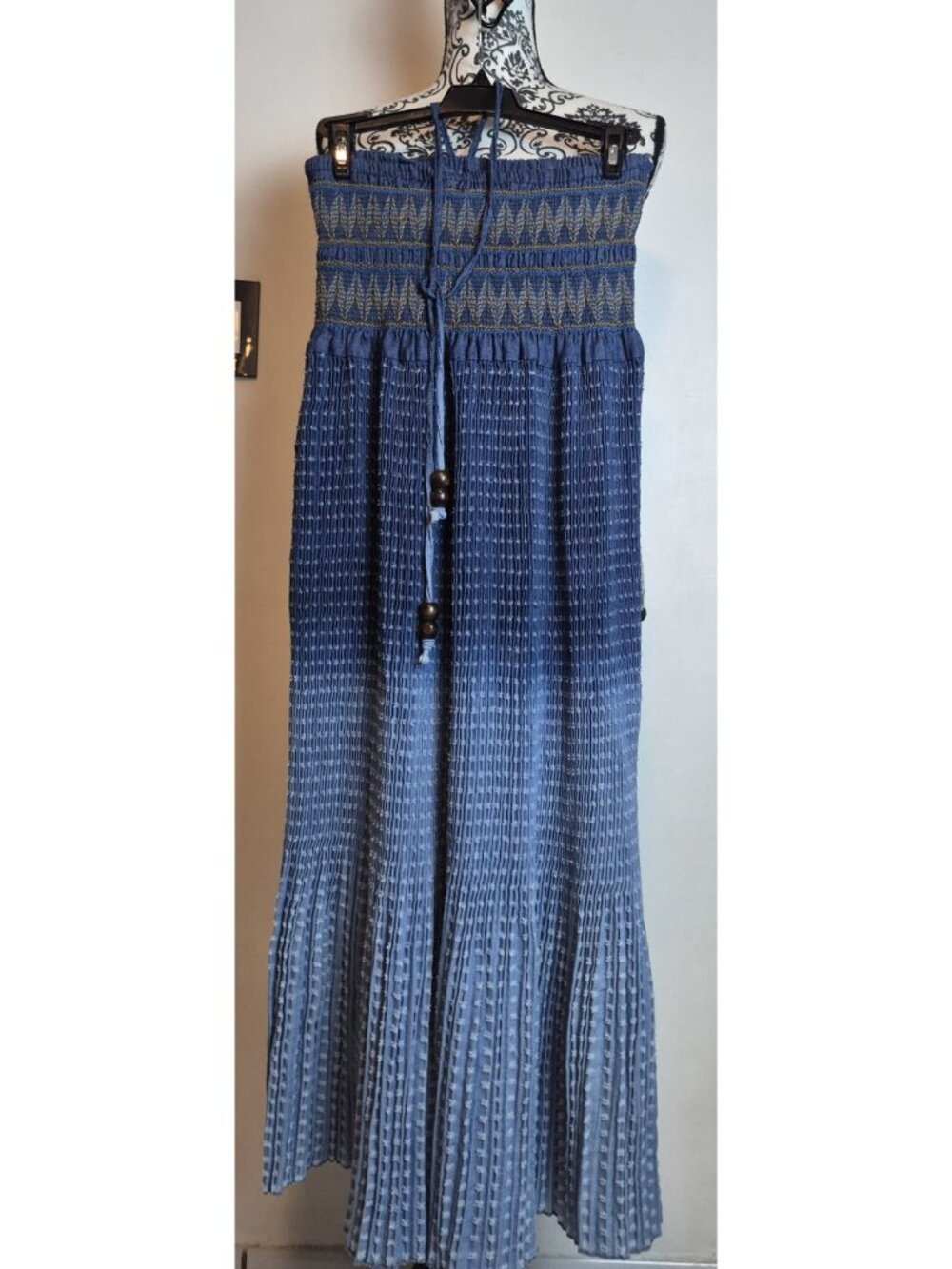 VTG 90s Papillon Blue Floral Crinkle Rayon Maxi Dress Boho M